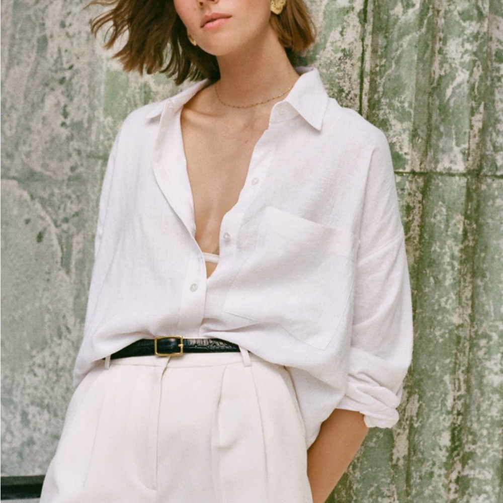 abercrombie and fitch oversized Linen-Blend Button-Up Shirt